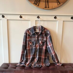 Buckle Men's Red and Gray Plaid Button Down Shirt